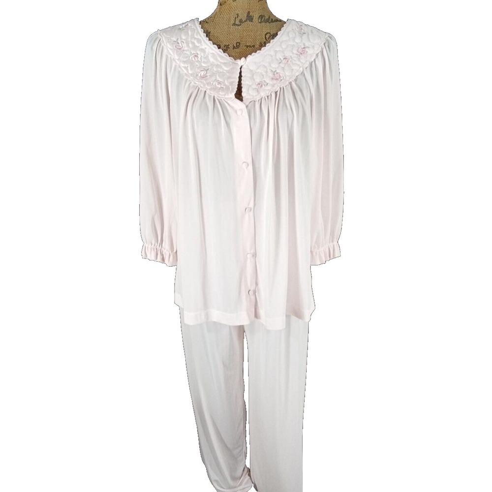Lorraine Pajama Set 3 pc SMALL Pink Embroider Floral Robe Top Pant Nylon USA